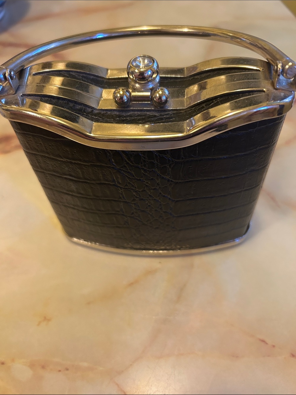 Bijoux Terner Black Croc-Embossed Mini Top-Handle Bag with Silver Trim